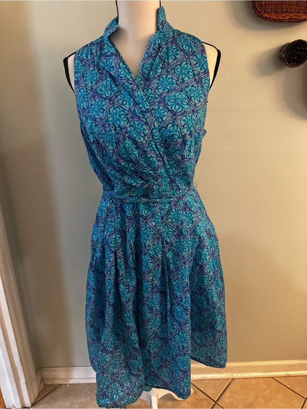 Vintage Evan Picone Teal and Blue Sleeveless Wrap-Style Midi Dress